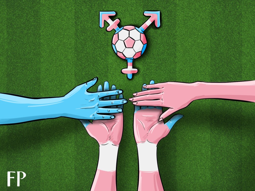 Football Inclusion Trans athletes Fan culture Women's football Against the background of a football pitch (green grass), a blue male hand teams up with a pink female hand in support of a pair of hands in trans colours. There is also the fusion of a soccer ball and the trans symbol at the top of the image.