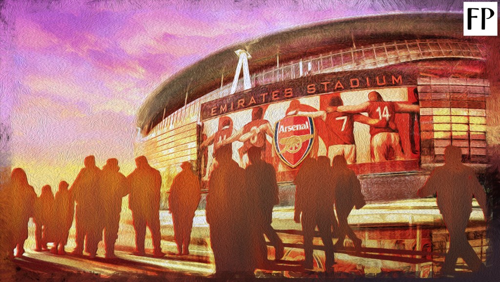 Arsenal, Arsenal Football Club, football, fan culture, belonging, Mikel Arteta
(Silhouettes of fans as they walk outside the backdrop of the Emirates Stadium in north London against a golden-hour sky already deepening into lilac.)